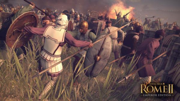 Total War: Rome II - Emperor Edition screenshot: A chaotic battle scene with soldiers clashing in a grassy field.
