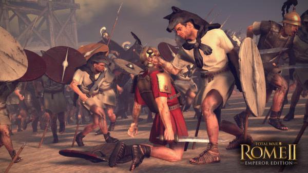 Total War: Rome II - Emperor Edition screenshot showing Roman soldiers battling enemies in detailed combat on a dusty battlefield.