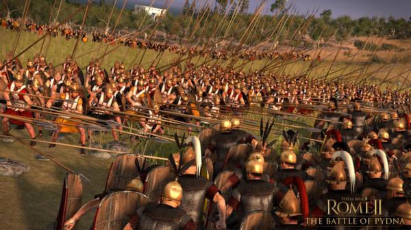 Screenshot from Total War: Rome II - Emperor Edition showing Roman soldiers clashing with enemy forces in a grassy battlefield.