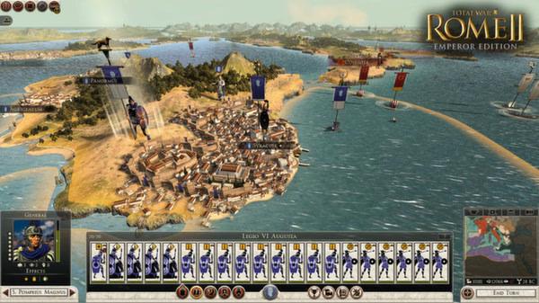 Screenshot from Total War: Rome II - Emperor Edition showing a coastal city with naval units and strategic icons.
