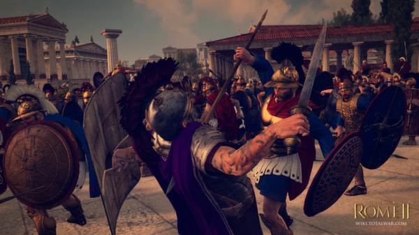 Total War: Rome II - Emperor Edition screenshot: Roman soldiers in armor clash with enemies in a bustling ancient city square.