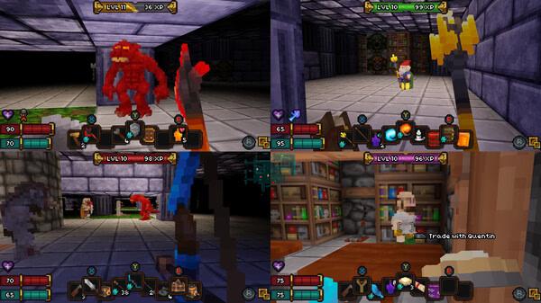 Barony screenshot: Four scenes show dungeon exploration with creatures, weapons, and trading in a library setting.