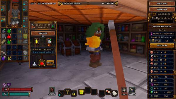 Barony screenshot: A character stands in a room with wooden shelves filled with books. Inventory and stats are visible on the screen.
