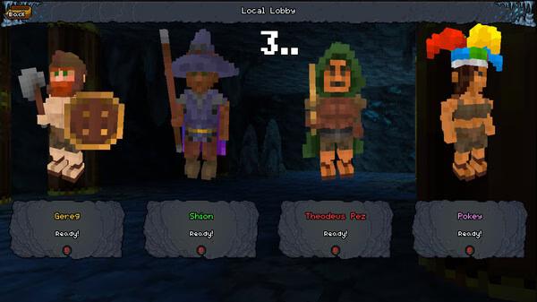 Barony screenshot: Four pixelated characters, including a warrior, wizard, and jester, in the game's local lobby countdown.