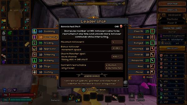 Barony screenshot: Leadership skill menu displayed with attributes, bonuses, and stats, surrounded by inventory and character details.