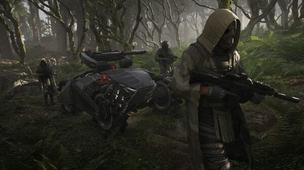A screenshot from Tom Clancy's Ghost Recon Breakpoint showing armed soldiers and a robotic vehicle in a dense forest.