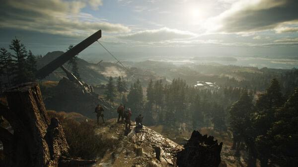 Screenshot from Tom Clancy's Ghost Recon Breakpoint showing four characters overlooking a vast, scenic forest landscape under a bright sky.
