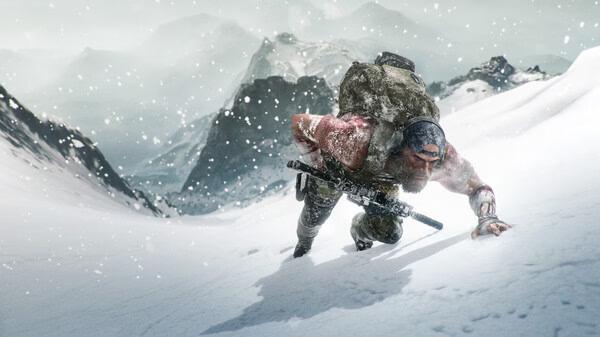 Screenshot from Tom Clancy's Ghost Recon Breakpoint showing a soldier climbing a snowy mountain, surrounded by falling snowflakes.