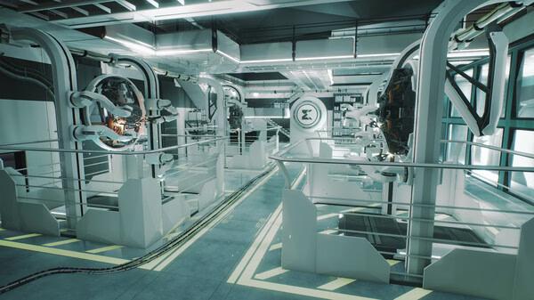 Screenshot from Tom Clancy's Ghost Recon Breakpoint showing a futuristic laboratory with robotic arms and glowing panels.
