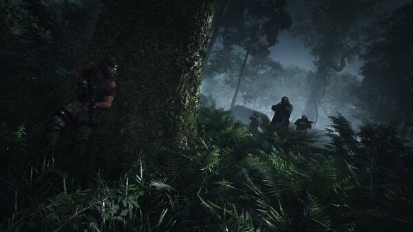 Screenshot from Tom Clancy's Ghost Recon Breakpoint showing a soldier hiding behind a tree, observing enemies in a dense forest.