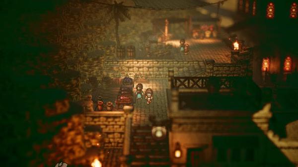 Octopath Traveler screenshot: Characters explore a dimly lit, bustling marketplace with stone architecture and glowing lanterns.