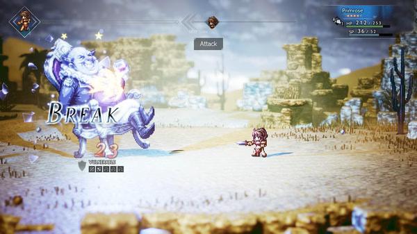 Screenshot from Octopath Traveler showing Primrose facing a large enemy in a desert landscape, with "Break" displayed.