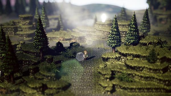 A screenshot from Octopath Traveler showing a character walking through a lush, sunlit forest with pixelated trees and hills.
