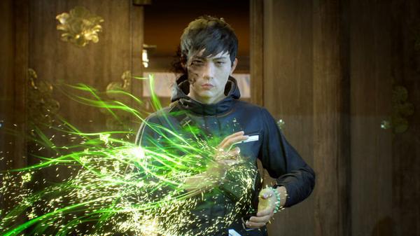 A Ghostwire: Tokyo screenshot showing a character casting a spell with bright green energy swirling around them.