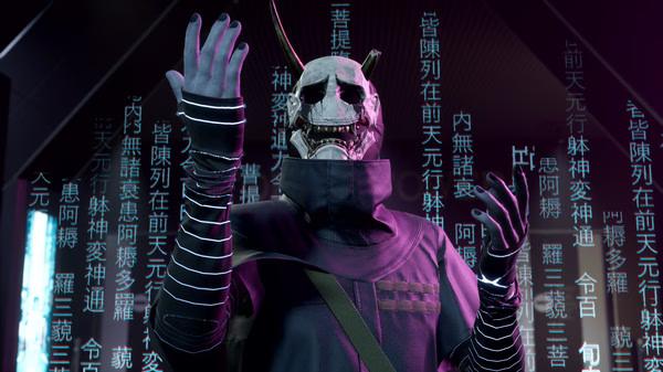 A screenshot from Ghostwire: Tokyo showing a masked, horned figure surrounded by glowing, vertical Japanese text.