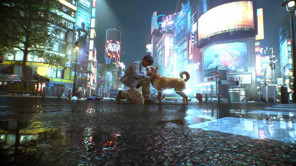 A 'Ghostwire: Tokyo' screenshot showing a person kneeling to pet a dog on a rain-soaked street, surrounded by bright city lights.