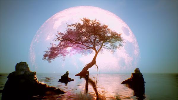 A screenshot from Ghostwire: Tokyo showing a lone tree surrounded by water, illuminated by a glowing moon in the background.
