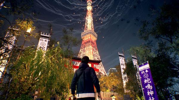 Ghostwire: Tokyo screenshot of a character facing a glowing tower under a swirling night sky, surrounded by trees and banners.