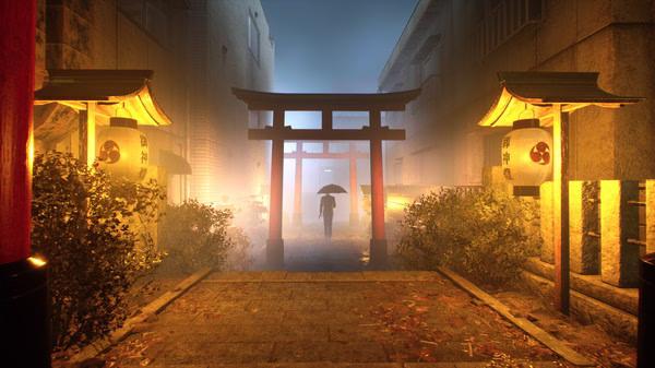 Screenshot from Ghostwire: Tokyo showing a mysterious figure with an umbrella walking through a torii gate on a foggy street.