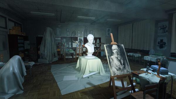 A classroom in 'Ghostwire: Tokyo' with covered sculptures, a bust on a table, and an easel with a drawing. Game screenshot.