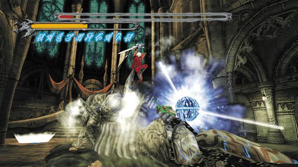 Devil May Cry HD Collection screenshot: Dante battles a demon in a gothic cathedral, wielding a sword amidst glowing energy effects.