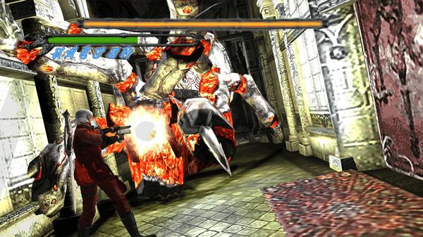 Devil May Cry HD Collection screenshot: A character in red attacks a fiery, multi-limbed monster in a gothic-style hallway.