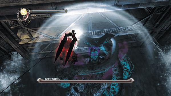 Screenshot from Devil May Cry HD Collection showing a character battling a massive, multi-colored creature named Jokatgulm.