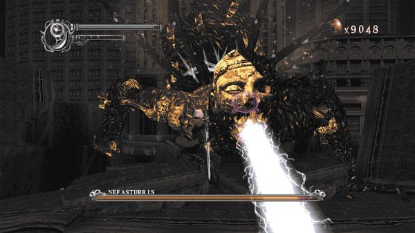 Screenshot from Devil May Cry HD Collection showing a battle with the massive boss Nefasturris, unleashing a beam attack.