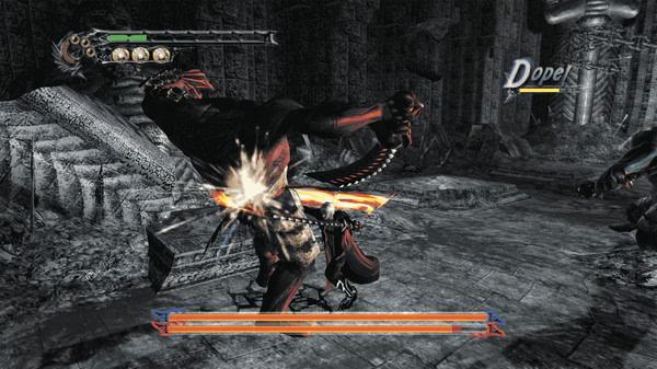 Screenshot from Devil May Cry HD Collection showing a character battling a demon with fiery sword effects in a dark, ruined setting.