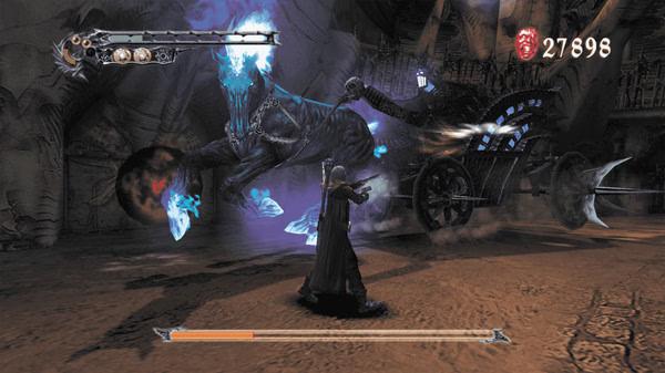 Screenshot from Devil May Cry HD Collection showing a character battling a large, glowing blue fiery horse in a dark environment.