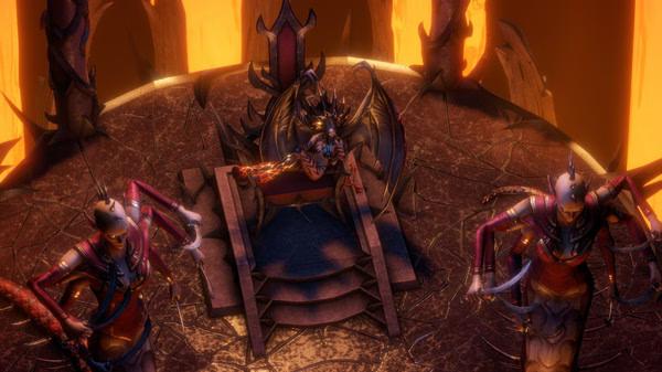 A screenshot from Pathfinder: Wrath of the Righteous showing a winged demon seated on a throne, flanked by two armored guards with swords.