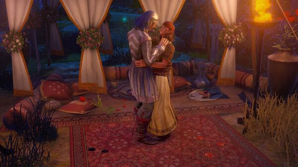 Screenshot from Pathfinder: Wrath of the Righteous showing two characters sharing a dance in a warmly lit, decorated tent.