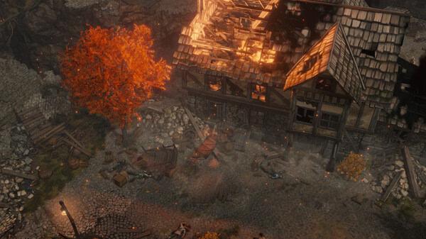 Screenshot from Pathfinder: Wrath of the Righteous showing a burning building with a vibrant orange tree nearby.
