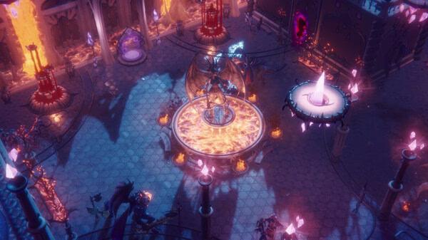 Screenshot from Pathfinder: Wrath of the Righteous showing a large demon in a fiery, mystical chamber surrounded by glowing crystals.