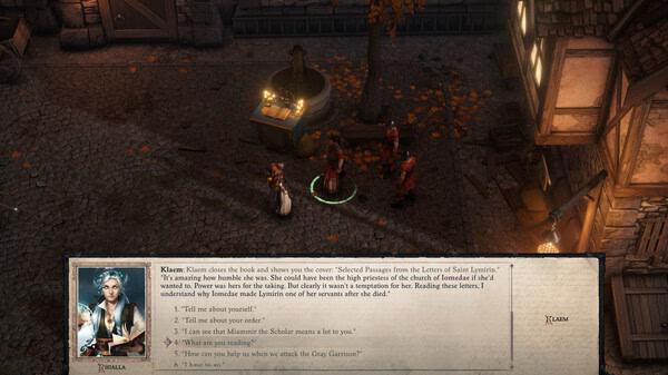 Screenshot of Pathfinder: Wrath of the Righteous showing a dialogue scene with a character named Klaem in a lit town square.