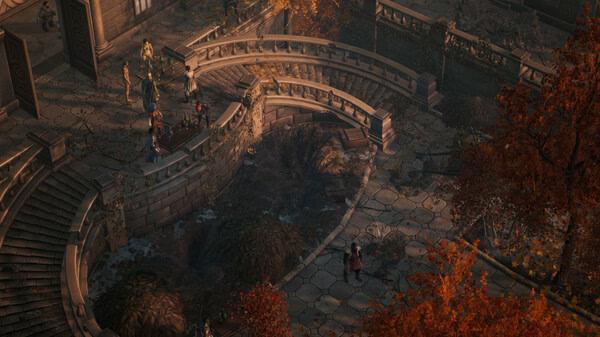 A screenshot from Pathfinder: Wrath of the Righteous shows characters gathered in a courtyard surrounded by autumn trees and stone architecture.