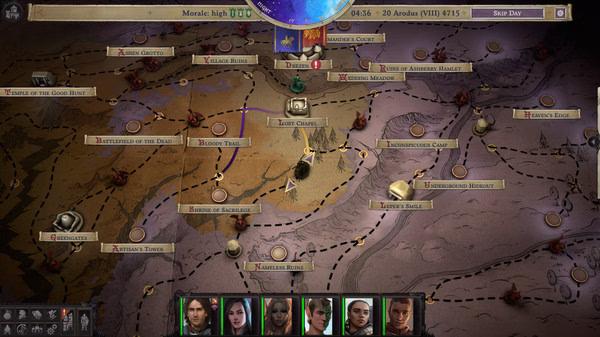 Pathfinder: Wrath of the Righteous screenshot showing a strategic map with marked locations, paths, and character portraits below.