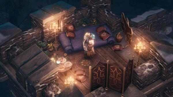Screenshot from Pathfinder: Wrath of the Righteous showing a cozy, candlelit room with a character standing by a bed surrounded by cushions.
