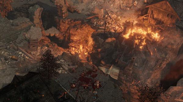 Screenshot from Pathfinder: Wrath of the Righteous showing a fiery battlefield with collapsed buildings and scattered debris.