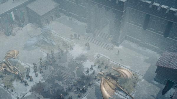Screenshot from Pathfinder: Wrath of the Righteous showing an army gathered outside a fortress with dragons and soldiers in snow.