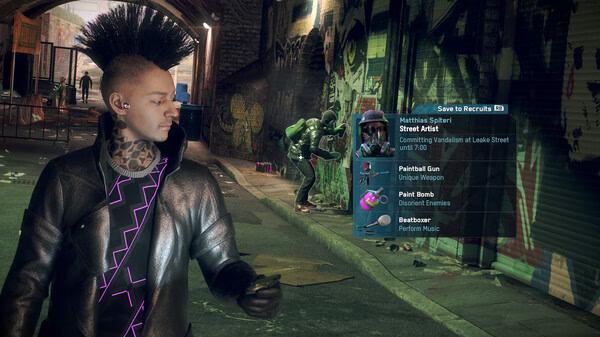Watch Dogs: Legion screenshot showing a character with a mohawk holding a paint gun, recruiting Matthias Seifert, a street artist.