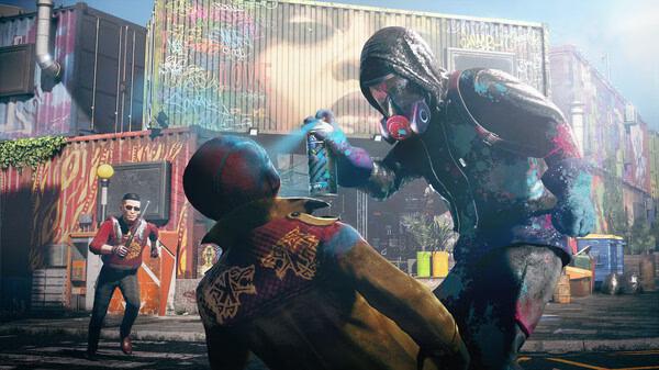 Screenshot from Watch Dogs: Legion showing a hooded character spray-painting another person in a graffiti-covered alley.
