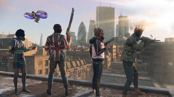 Watch Dogs: Legion screenshot showing four characters standing on a rooftop, overlooking the London skyline.