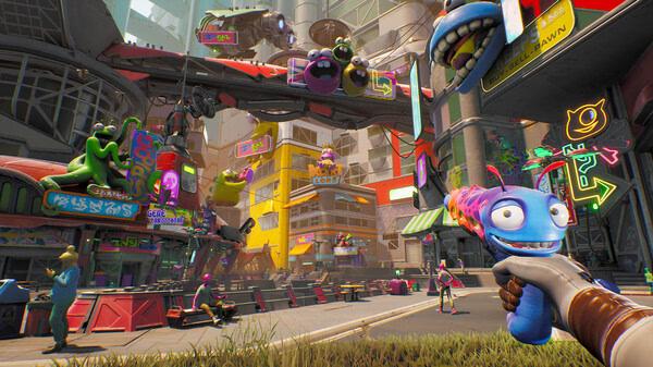 Screenshot from 'High On Life' showing a colorful alien cityscape with a character holding a talking alien gun.