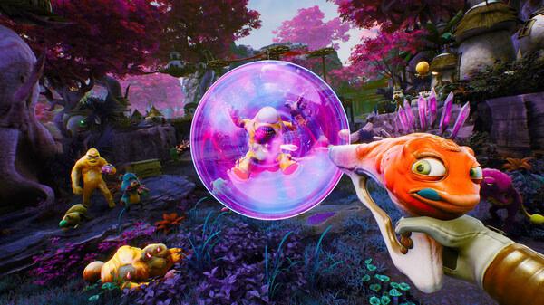 Screenshot from High On Life showing a colorful alien world, a gun with a talking face, and an enemy trapped in a glowing purple bubble.