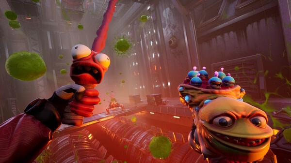 Screenshot from High On Life showing a character holding a talking alien weapon amidst a vibrant, futuristic environment.