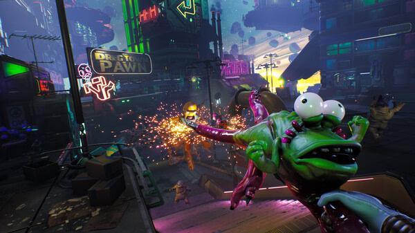 Screenshot from 'High On Life' showing a vibrant alien cityscape with a green alien creature in the foreground.