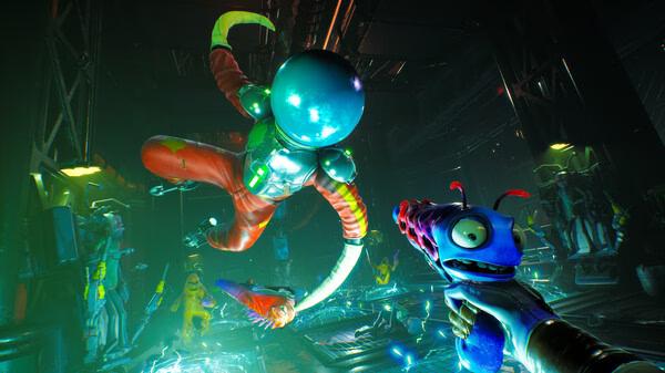 High On Life screenshot: A colorful alien weapon is aimed at a leaping enemy in a dark, futuristic industrial setting.