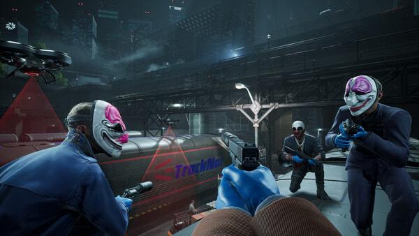 PAYDAY 3 screenshot: Three masked characters aiming weapons in an urban setting with a drone overhead and a train in the background.