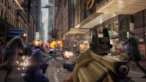 PAYDAY 3 screenshot: Action-packed street scene with masked robbers in a firefight against police amidst explosions and chaos.